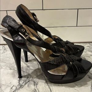 MICHAEL Michael Kors Black Croc-Embossed Platform Slingback Heels